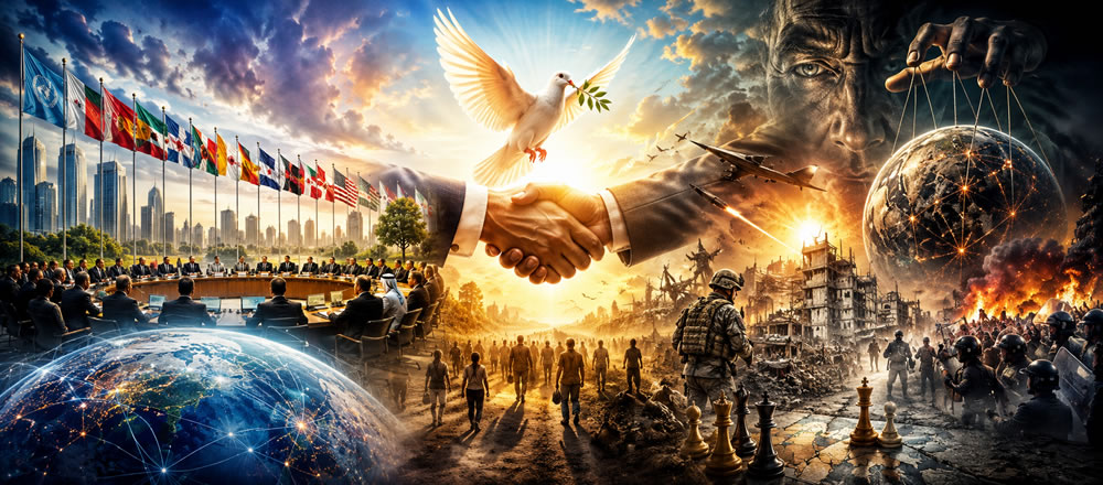 Líderes mundiais reunidos e o símbolo de falsos acordos de paz globais