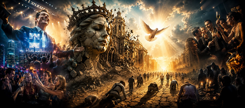 A imagem representa a mistura do secularismo com a religião e a queda espiritual